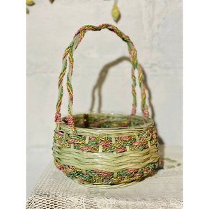 Woven vintage Green basket Spiral Handle 12” Tall beautiful accents